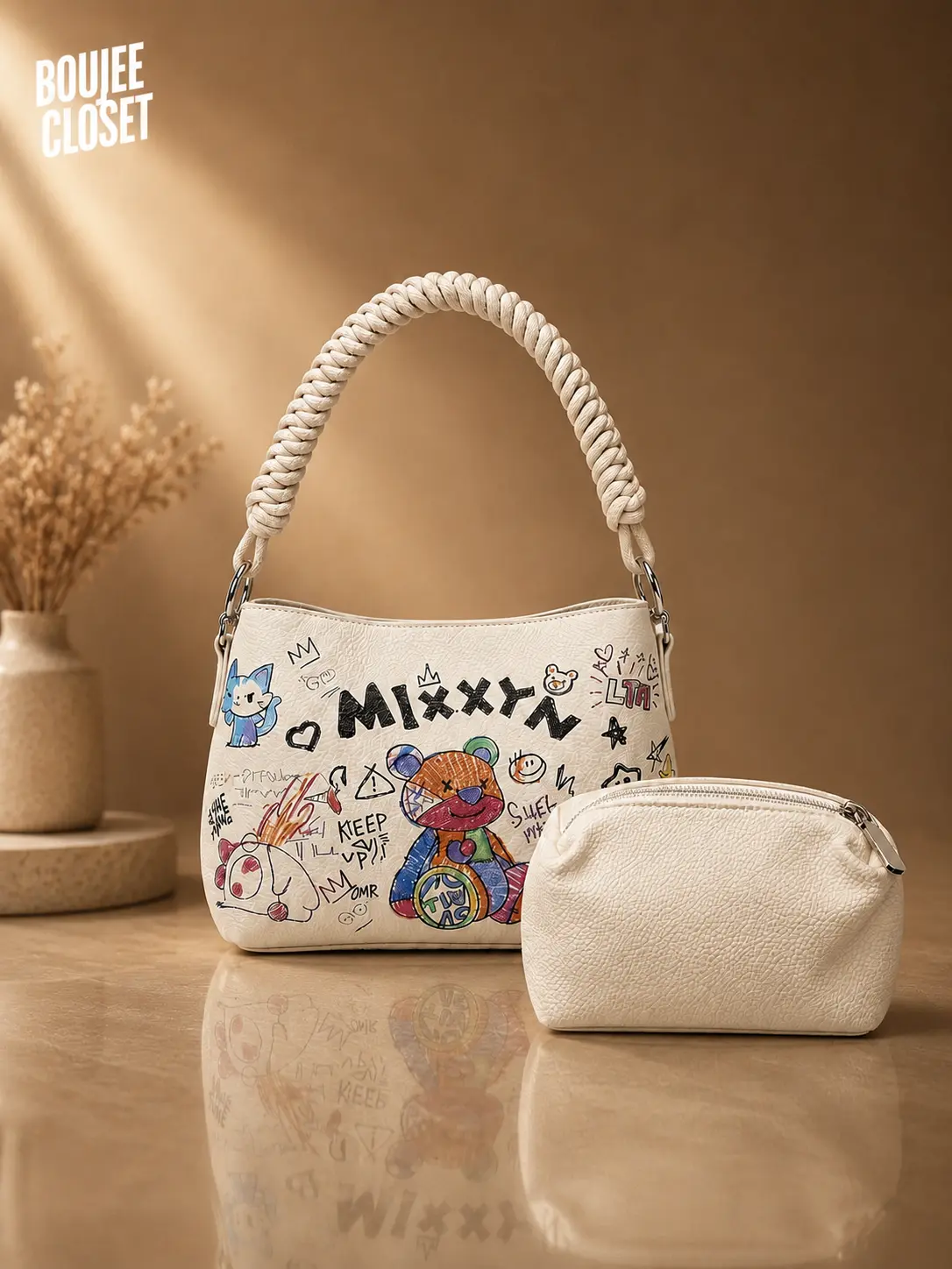 Doodle Print Leather Baguette Shoulder Bag Doodle Print Leather Baguette Shoulder Bag